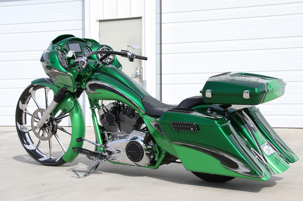 Covington's BlackandGreen Custom Bagger Motorcycle.